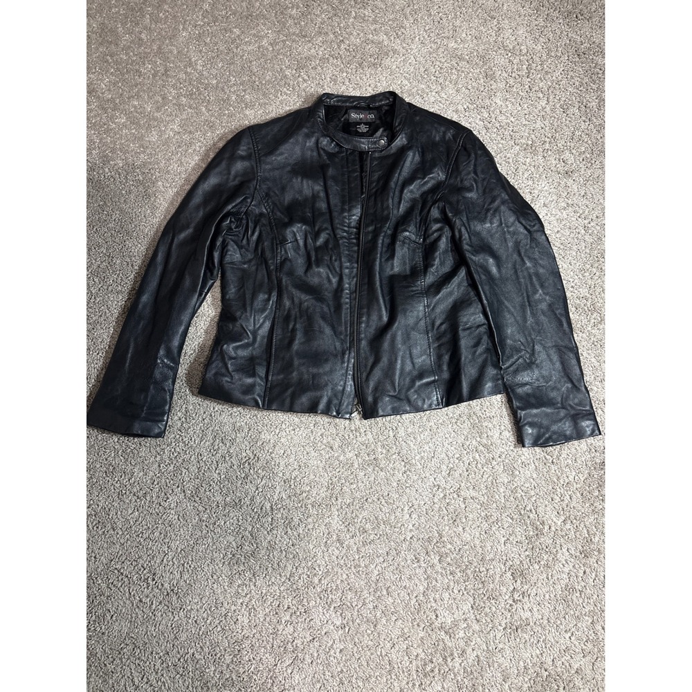Style & Co Black Genuine Leather Jacket Womens Large Zip Up Mandarin Collar